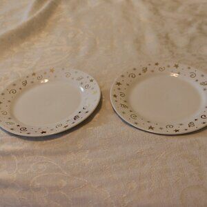 The Pampered Chef Set of 2 Celebration Plates White with Gold Stars Swirls 8 in